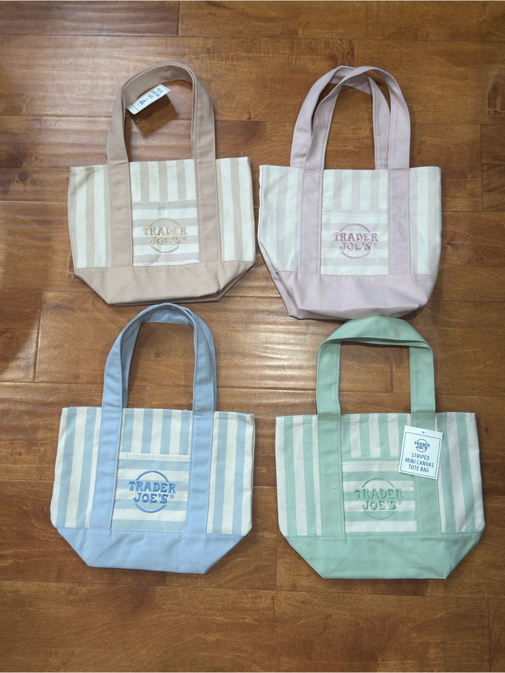 NWT Mini Trader Joe's Pastel Stripe
Canvas Totes - Green, Blue, Pink, Tan